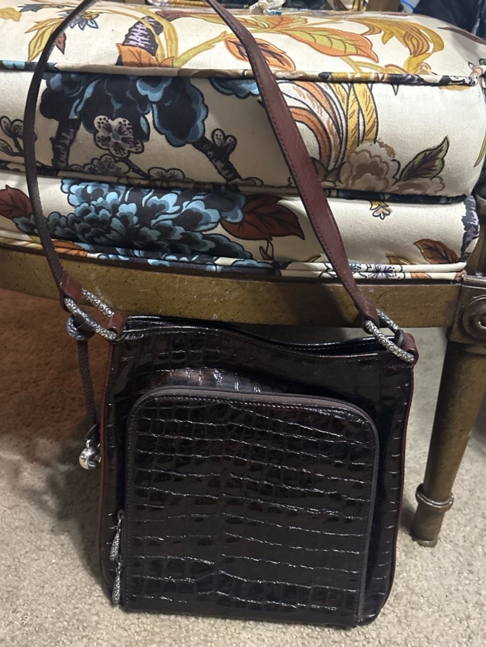 Vintage Dark Brown Croc-Embossed Leather Crossbody Bag